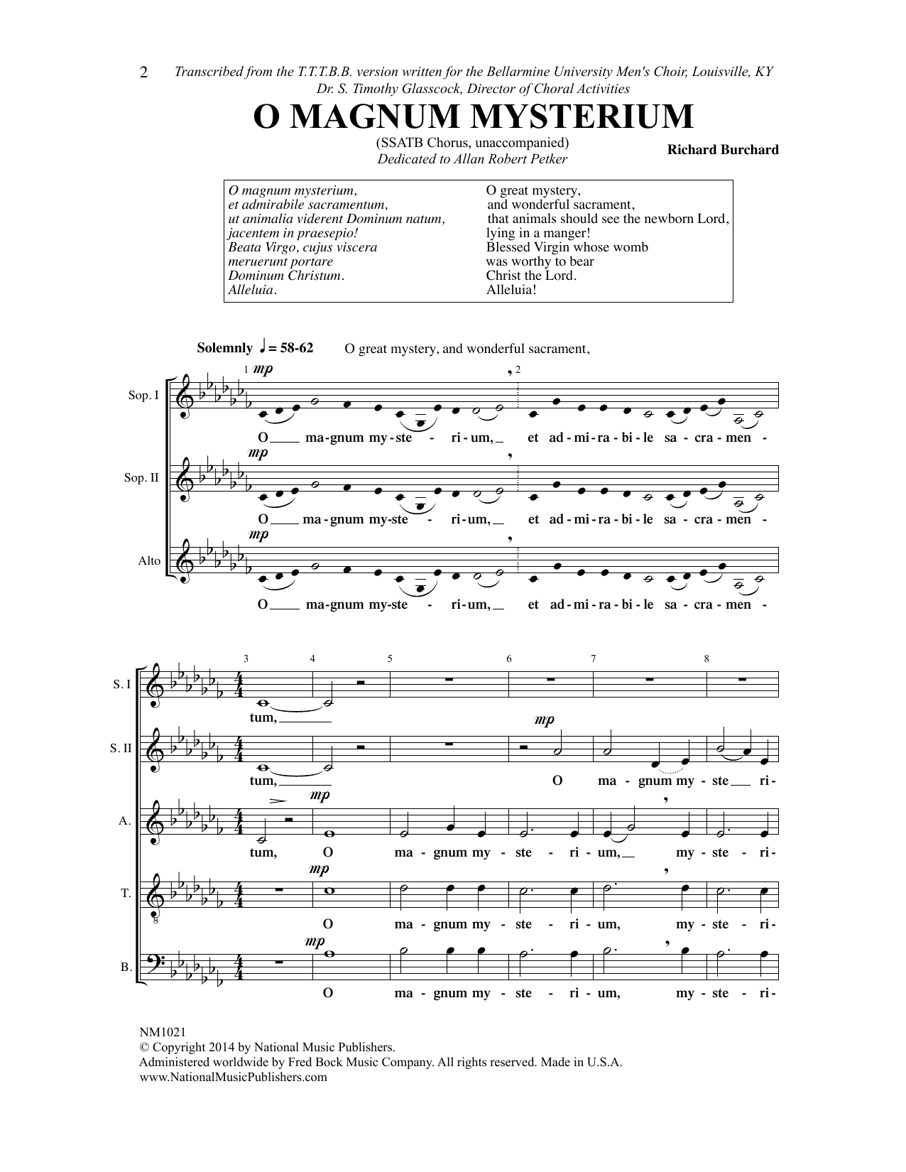 Richard Burchard O Magnum Mysterium sheet music notes and chords arranged for SSATB Choir