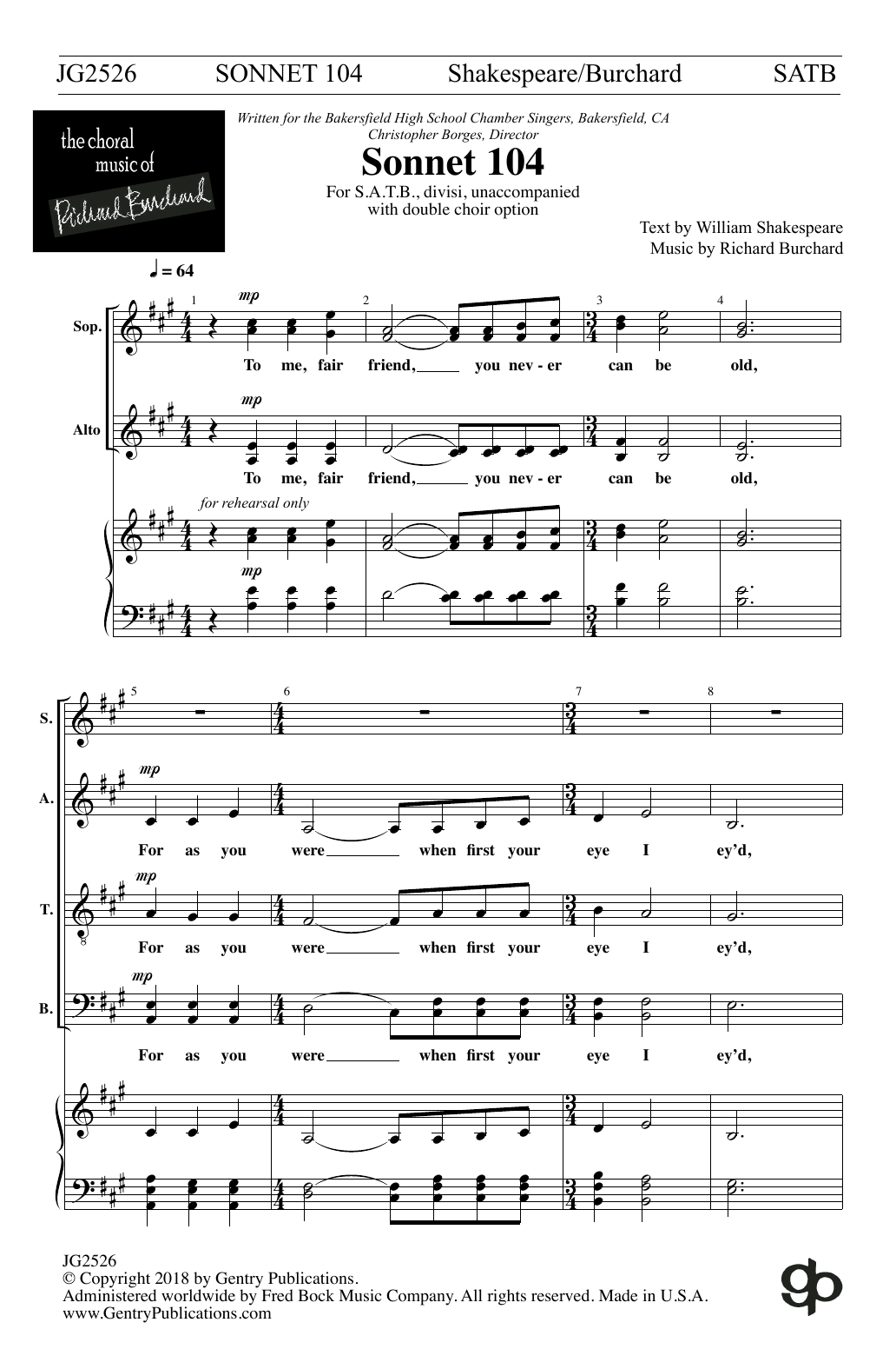 Richard Burchard Sonnet 104 sheet music notes and chords arranged for SATB Choir