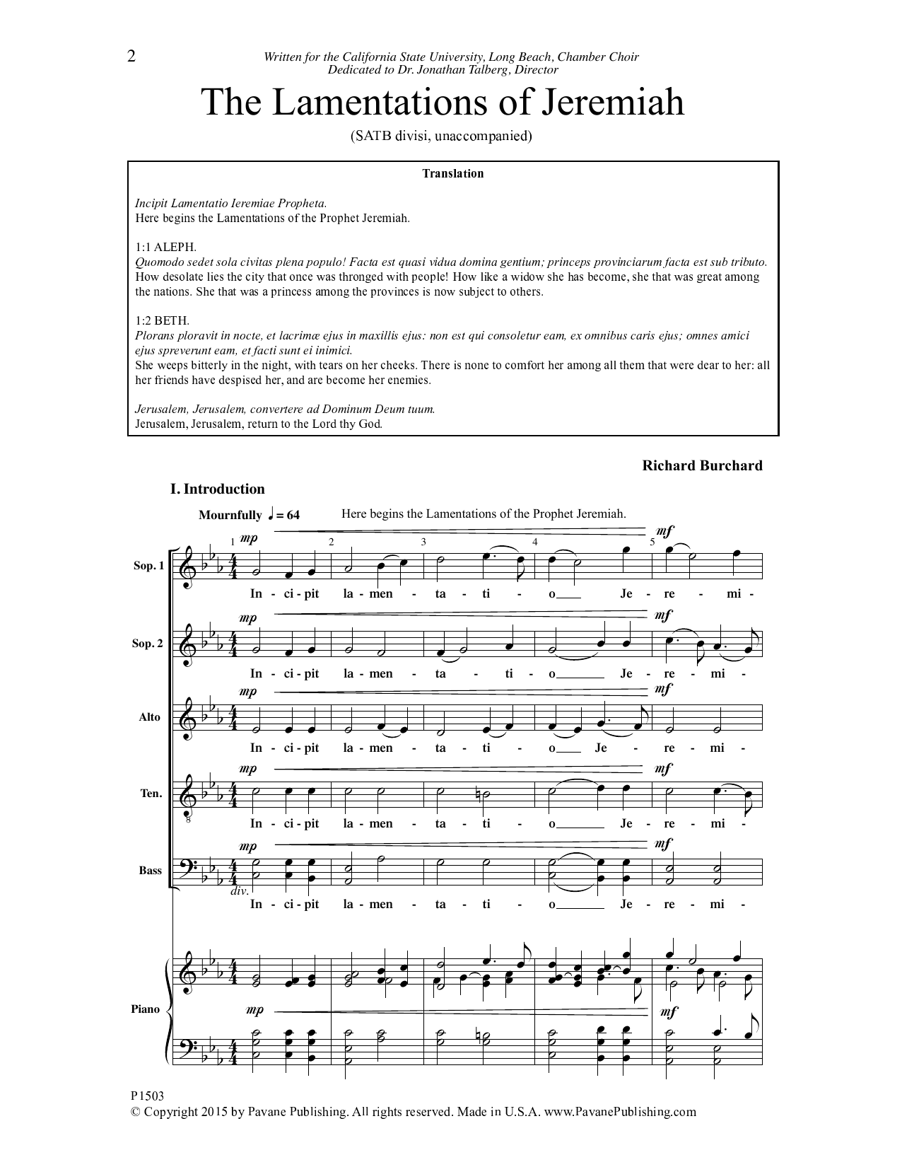Richard Burchard The Lamentations of Jeremiah sheet music notes and chords arranged for Choir