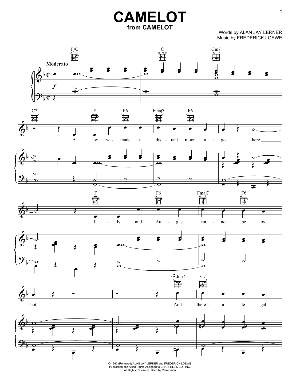 Richard Burton Camelot sheet music notes and chords arranged for Easy Piano