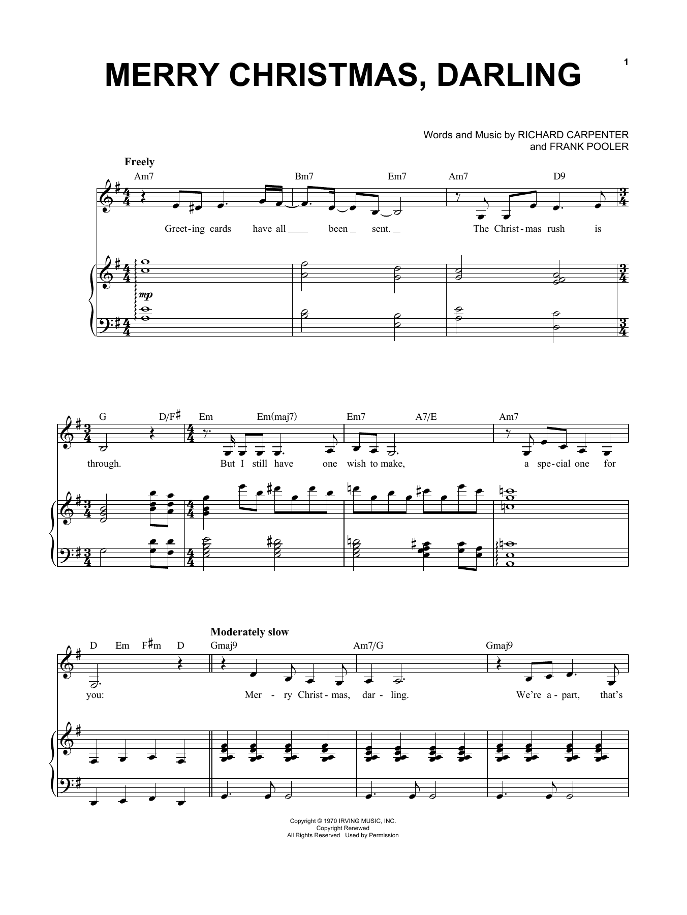 Richard Carpenter Merry Christmas, Darling sheet music notes and chords arranged for Vocal Pro + Piano/Guitar