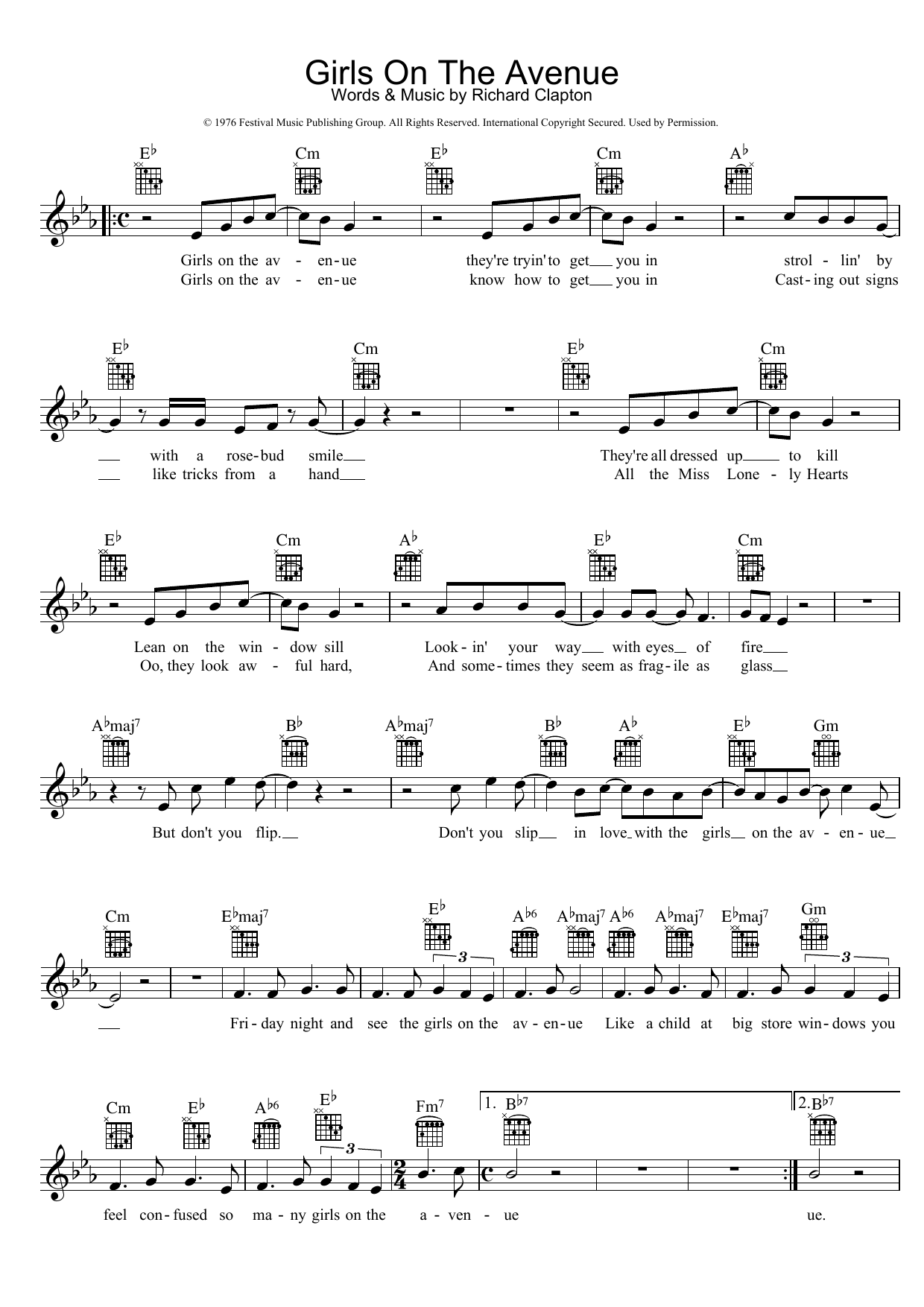 Richard Clapton Girls On The Avenue sheet music notes and chords arranged for Piano, Vocal & Guitar Chords (Right-Hand Melody)