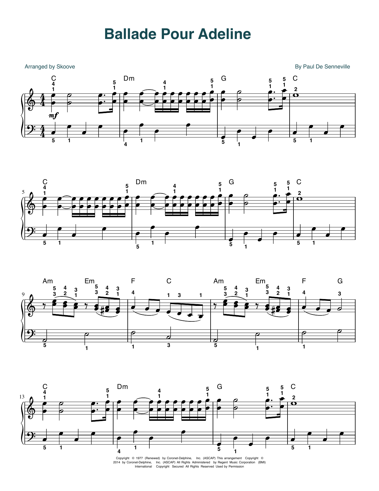 Richard Clayderman Ballade Pour Adeline (arr. Skoove) sheet music notes and chords arranged for Piano Solo
