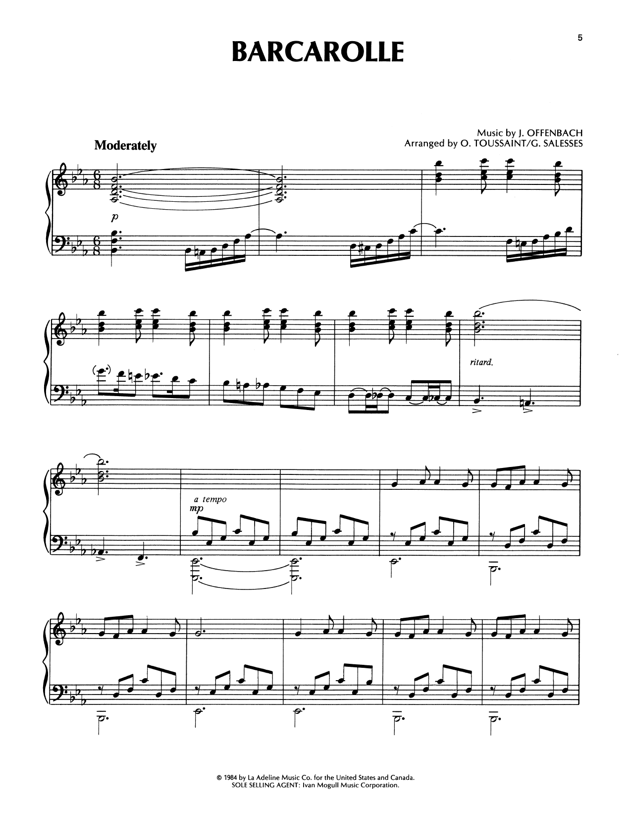 Richard Clayderman Barcarolle sheet music notes and chords arranged for Piano Solo