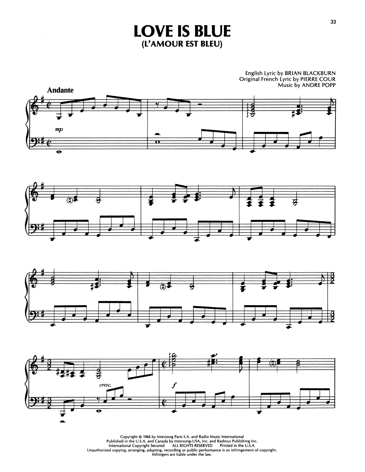 Richard Clayderman Love Is Blue (L'amour Est Bleu) sheet music notes and chords arranged for Piano Solo