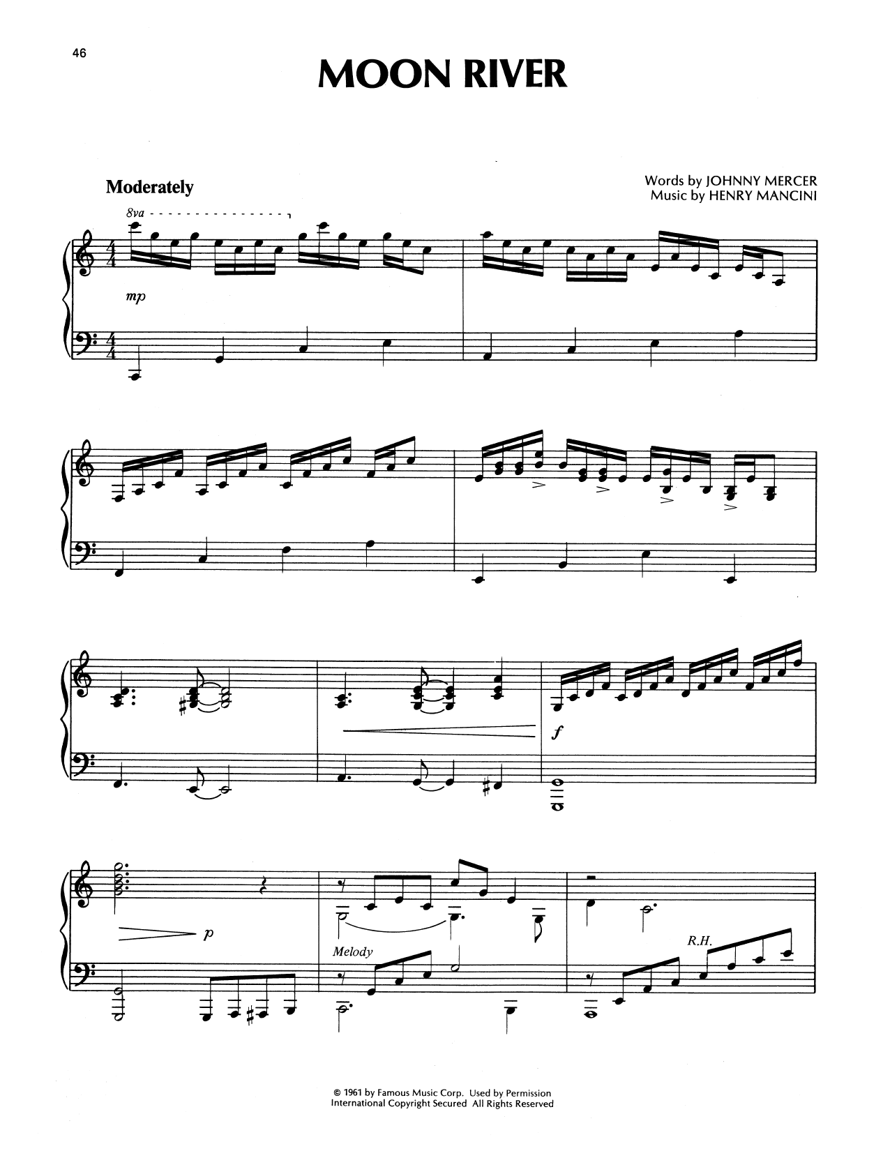 Richard Clayderman Moon River sheet music notes and chords arranged for Piano Solo