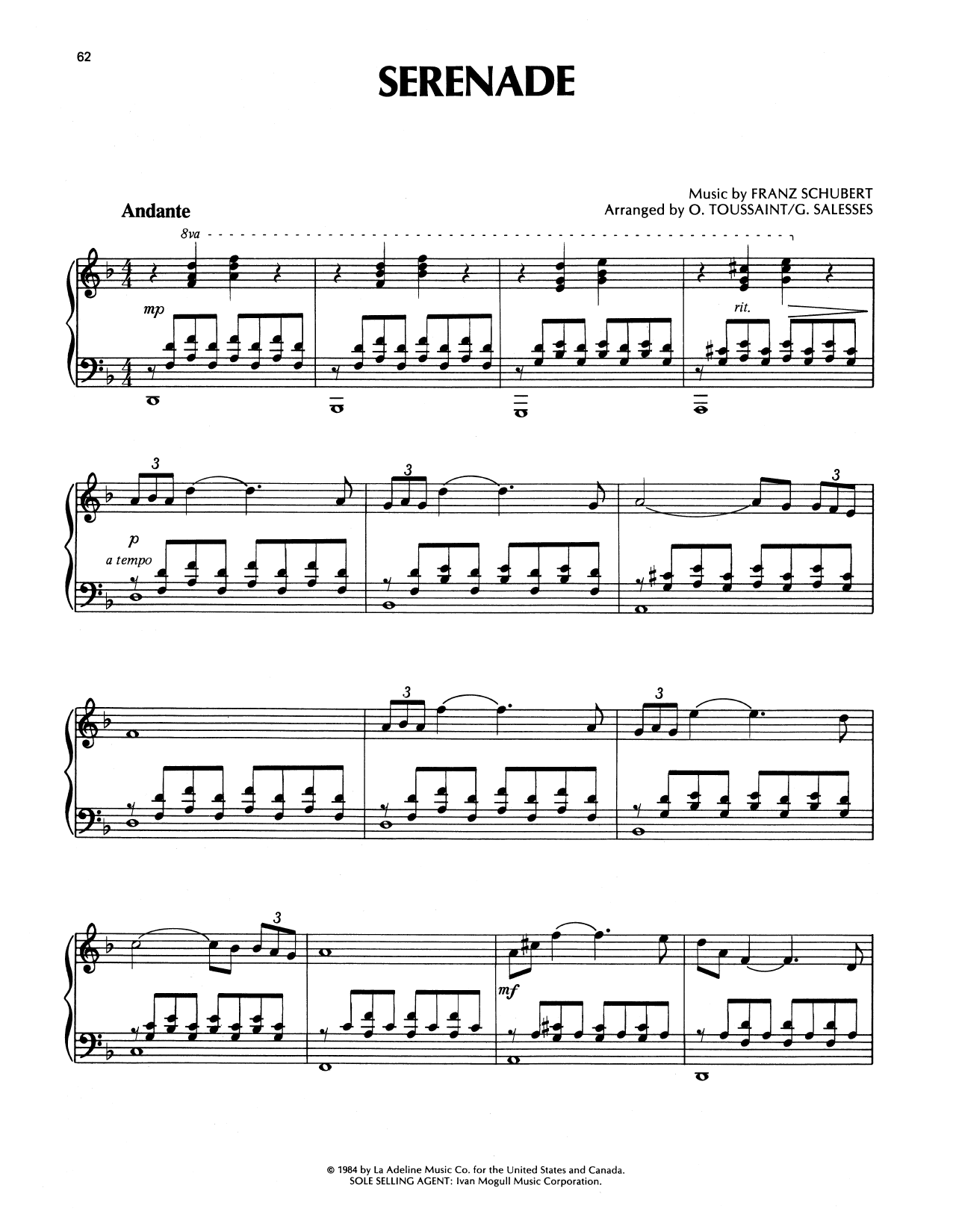 Richard Clayderman Serenade sheet music notes and chords arranged for Piano Solo