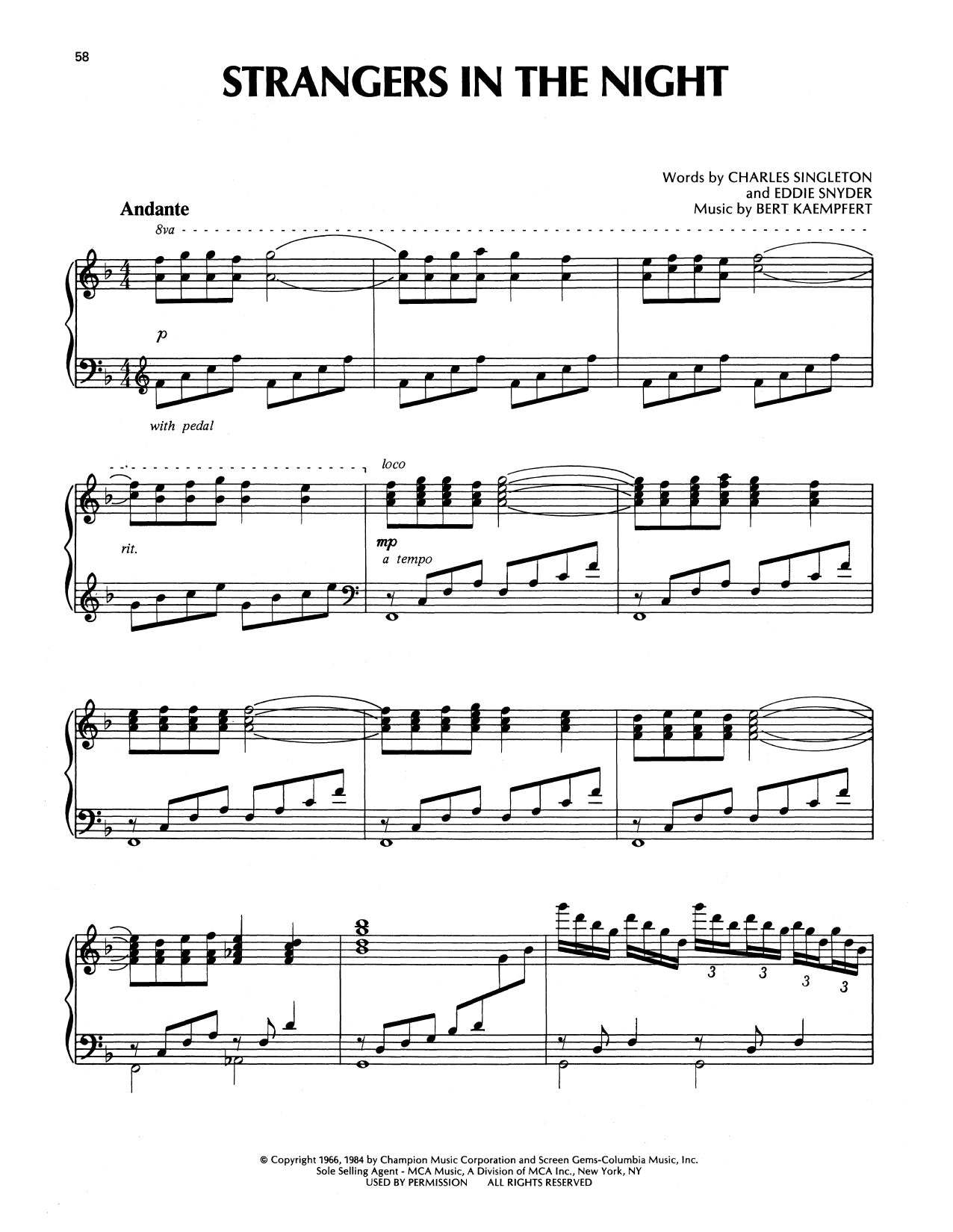 Richard Clayderman Strangers In The Night sheet music notes and chords arranged for Piano Solo