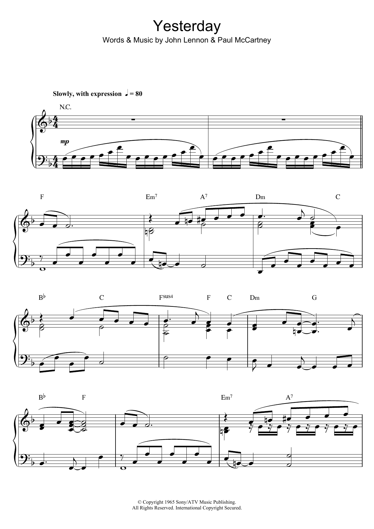 Richard Clayderman Yesterday sheet music notes and chords arranged for Piano Solo