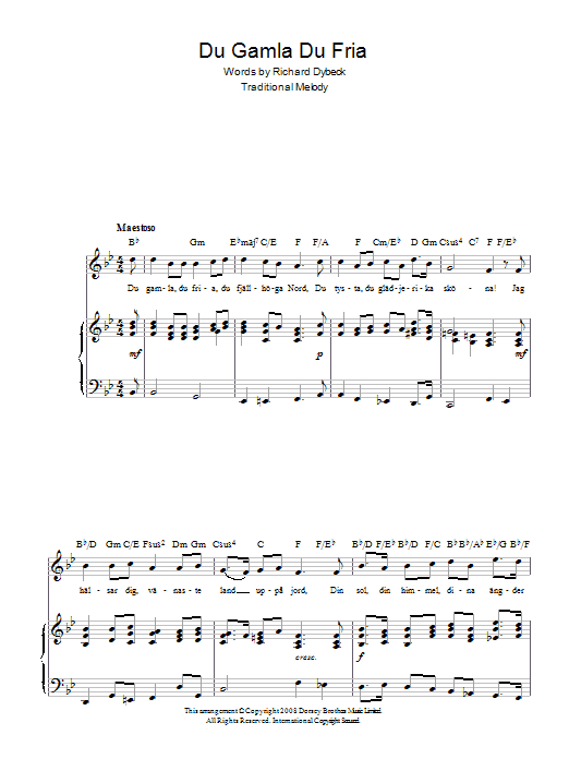 Richard Dybeck Du Gamla Du Fria (Swedish National Anthem) sheet music notes and chords arranged for Piano, Vocal & Guitar Chords