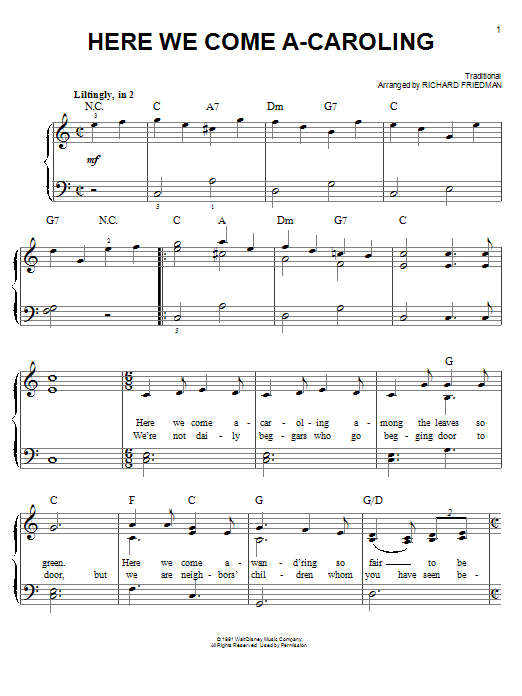 Richard Friedman Here We Come A-Caroling sheet music notes and chords arranged for Easy Piano