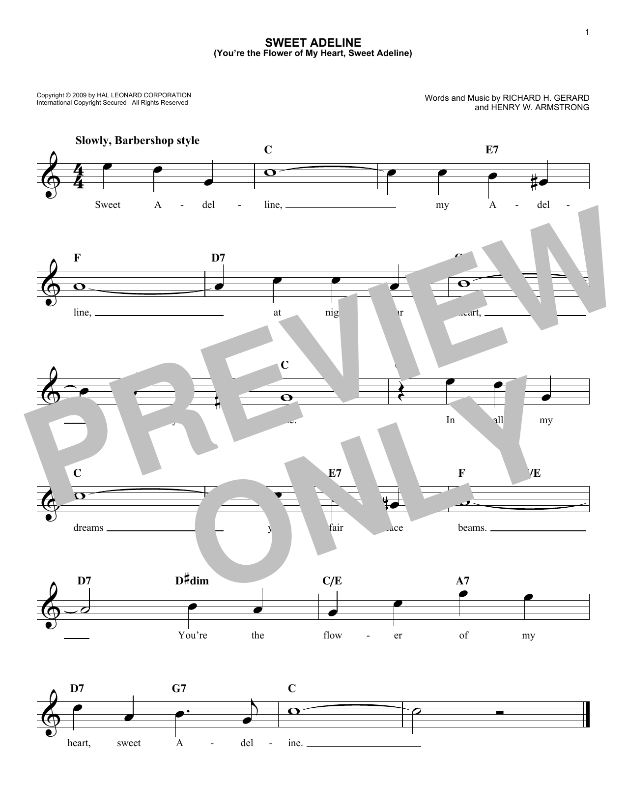 Richard H. Gerard Sweet Adeline (You're The Flower Of My Heart, Sweet Adeline) sheet music notes and chords arranged for Lead Sheet / Fake Book