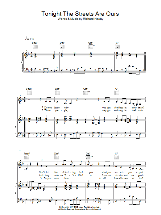 Richard Hawley Tonight The Streets Are Ours sheet music notes and chords arranged for Piano, Vocal & Guitar Chords
