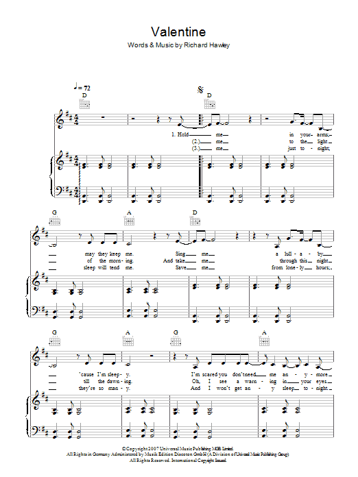 Richard Hawley Valentine sheet music notes and chords arranged for Piano, Vocal & Guitar Chords