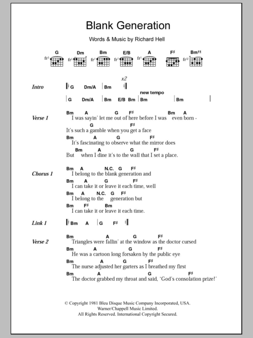 Richard Hell & The Voidnoids Blank Generation sheet music notes and chords arranged for Guitar Chords/Lyrics