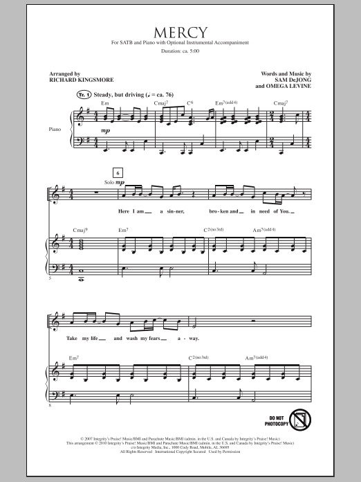 Richard Kingsmore Mercy sheet music notes and chords arranged for SATB Choir