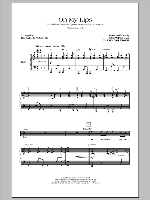 Richard Kingsmore On My Lips sheet music notes and chords arranged for SATB Choir
