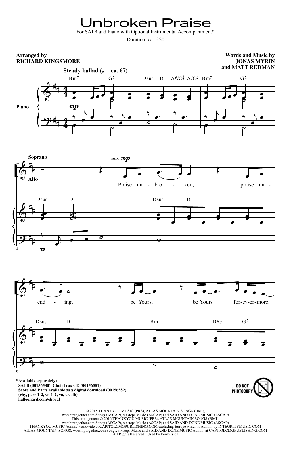 Richard Kingsmore Unbroken Praise sheet music notes and chords arranged for SATB Choir