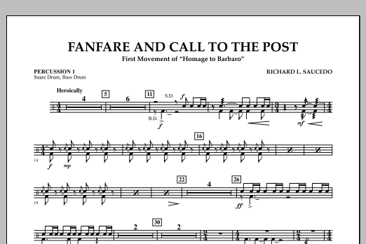 Richard L. Saucedo Fanfare and Call to the Post - Percussion 1 sheet music notes and chords arranged for Concert Band