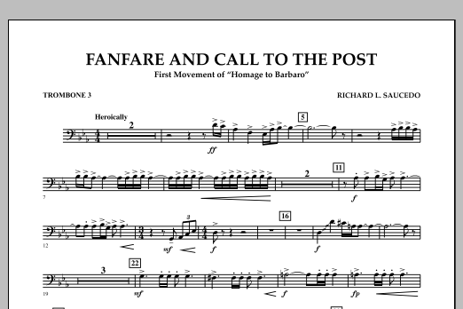 Richard L. Saucedo Fanfare and Call to the Post - Trombone 3 sheet music notes and chords arranged for Concert Band