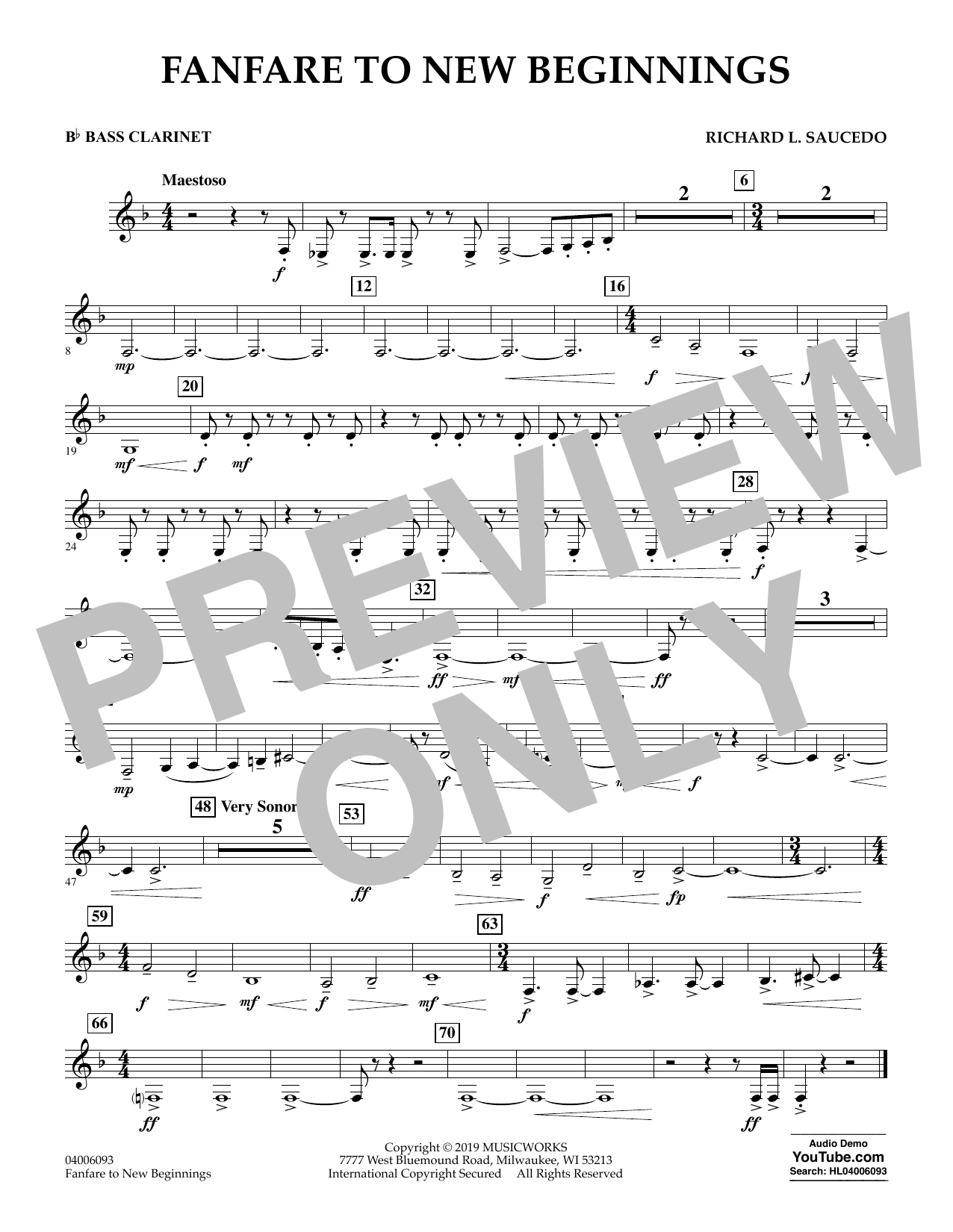 Richard L. Saucedo Fanfare for New Beginnings - Bb Bass Clarinet sheet music notes and chords arranged for Concert Band