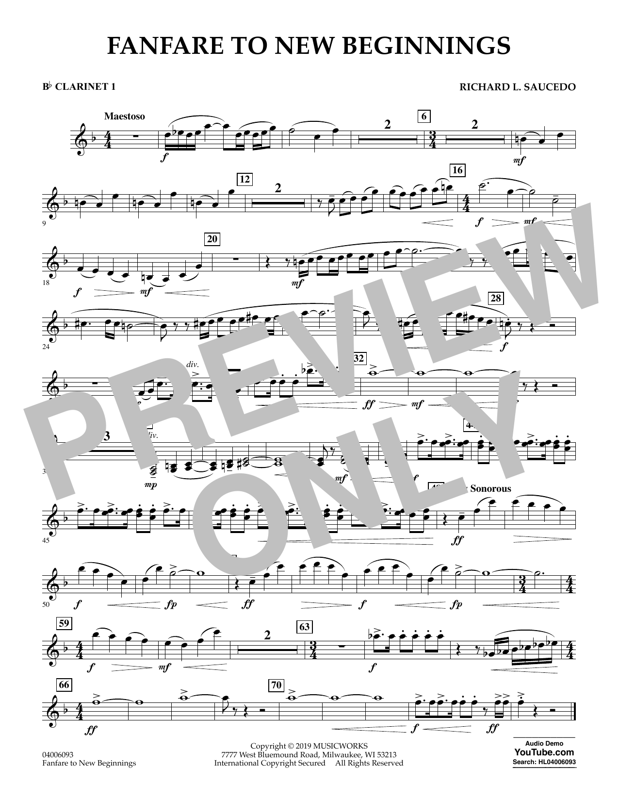 Richard L. Saucedo Fanfare for New Beginnings - Bb Clarinet 1 sheet music notes and chords arranged for Concert Band