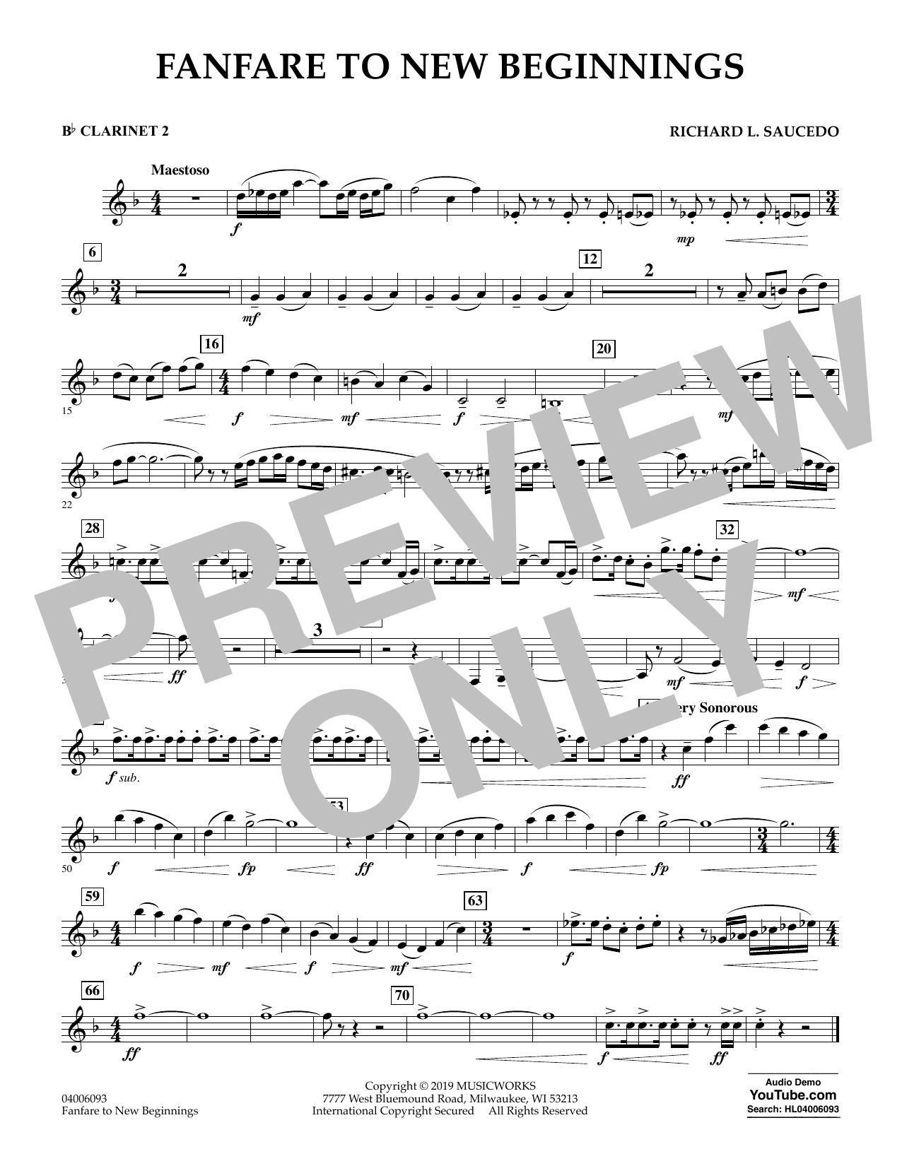 Richard L. Saucedo Fanfare for New Beginnings - Bb Clarinet 2 sheet music notes and chords arranged for Concert Band