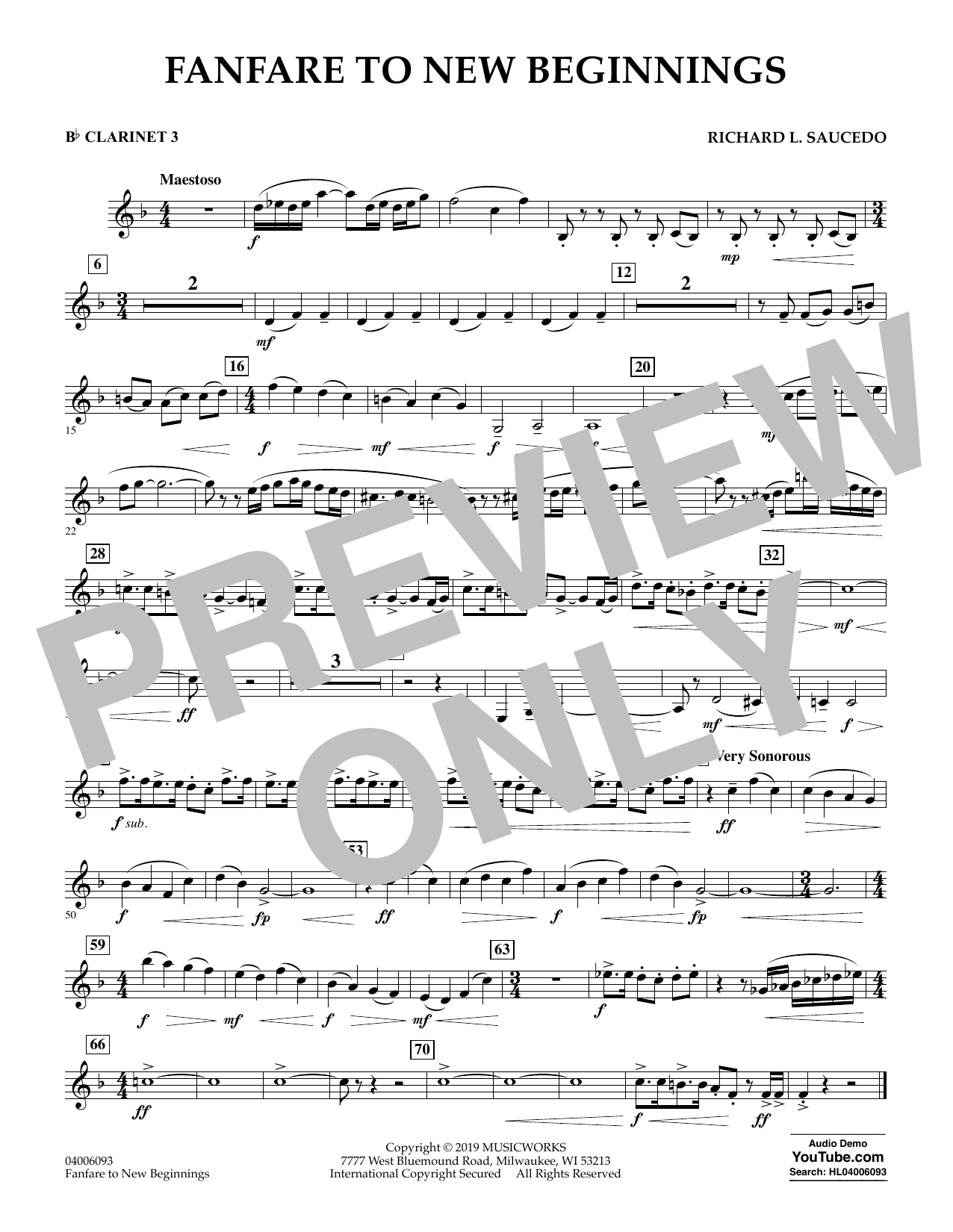 Richard L. Saucedo Fanfare for New Beginnings - Bb Clarinet 3 sheet music notes and chords arranged for Concert Band