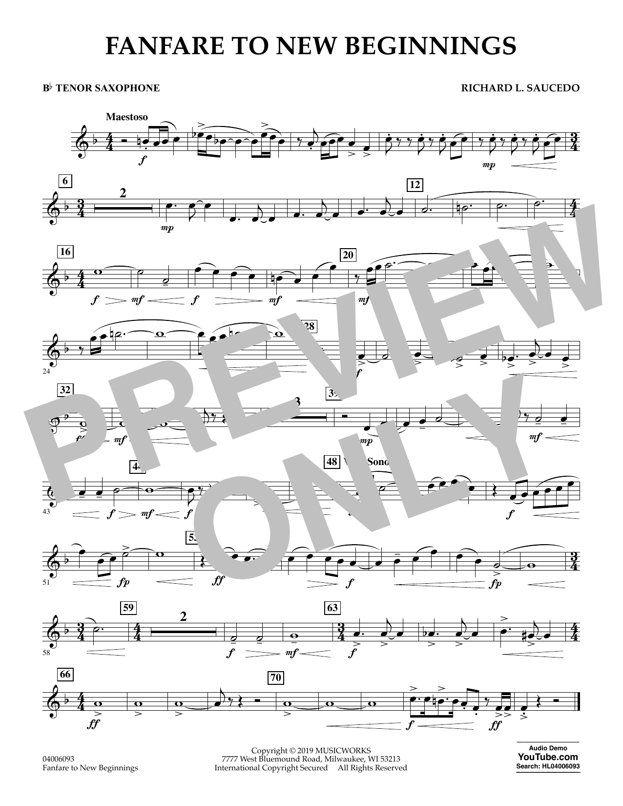 Richard L. Saucedo Fanfare for New Beginnings - Bb Tenor Saxophone sheet music notes and chords arranged for Concert Band