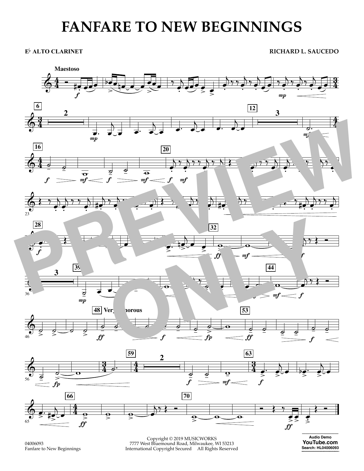 Richard L. Saucedo Fanfare for New Beginnings - Eb Alto Clarinet sheet music notes and chords arranged for Concert Band