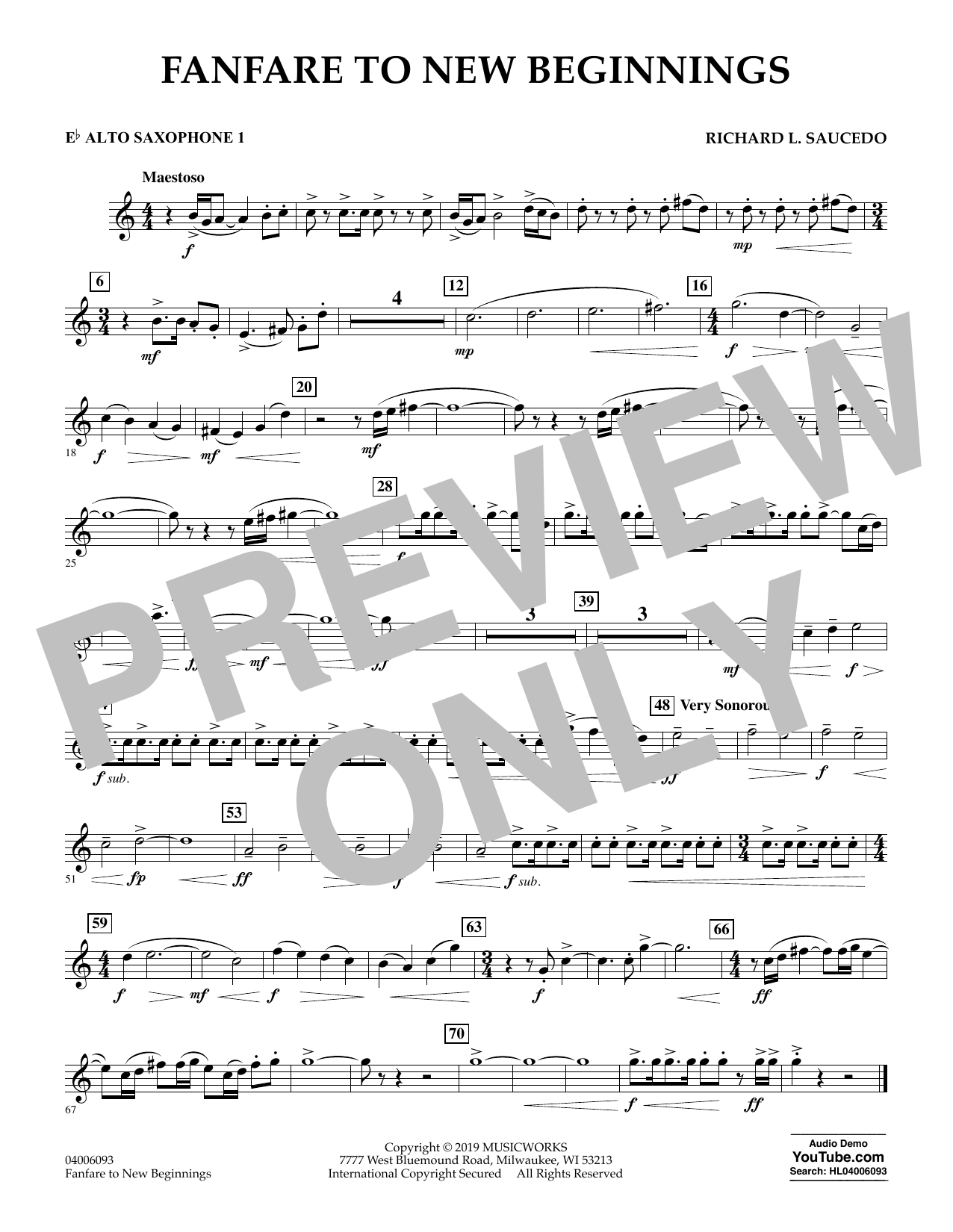 Richard L. Saucedo Fanfare for New Beginnings - Eb Alto Saxophone 1 sheet music notes and chords arranged for Concert Band