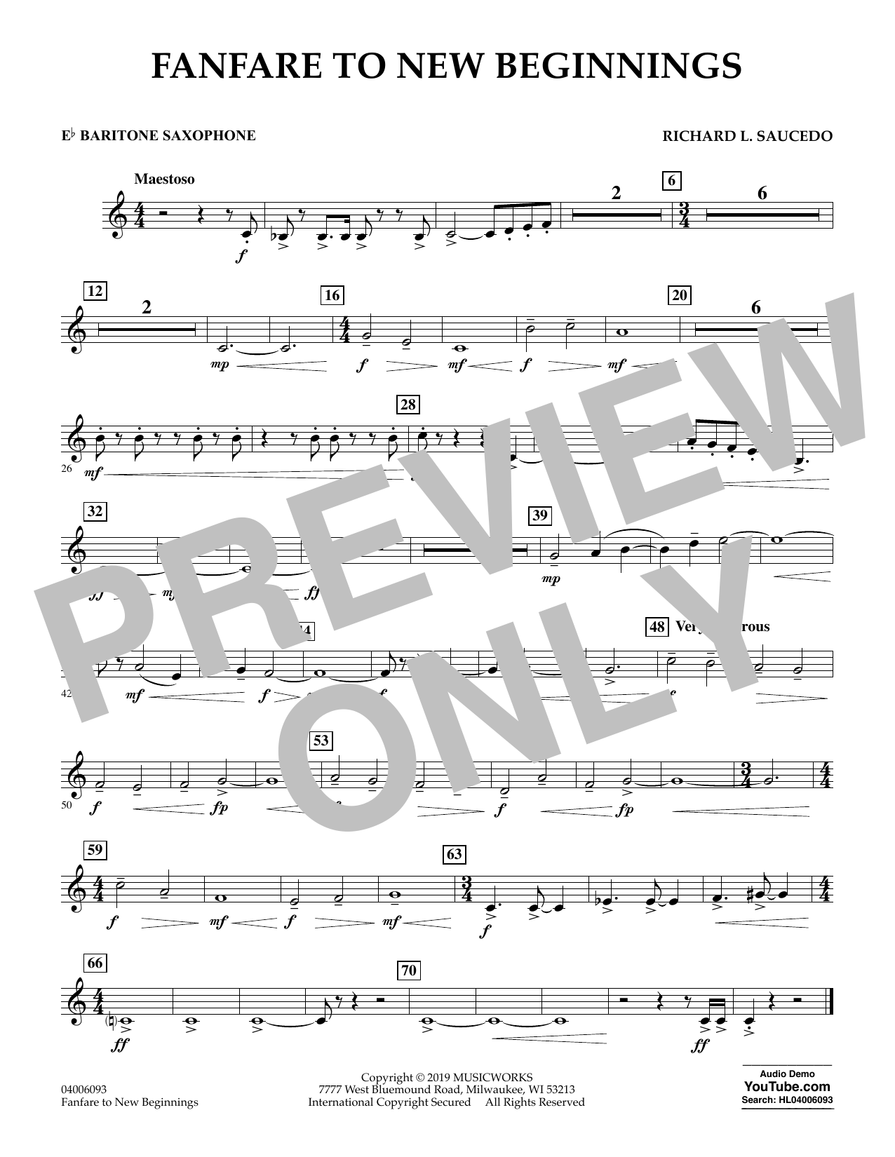 Richard L. Saucedo Fanfare for New Beginnings - Eb Baritone Saxophone sheet music notes and chords arranged for Concert Band