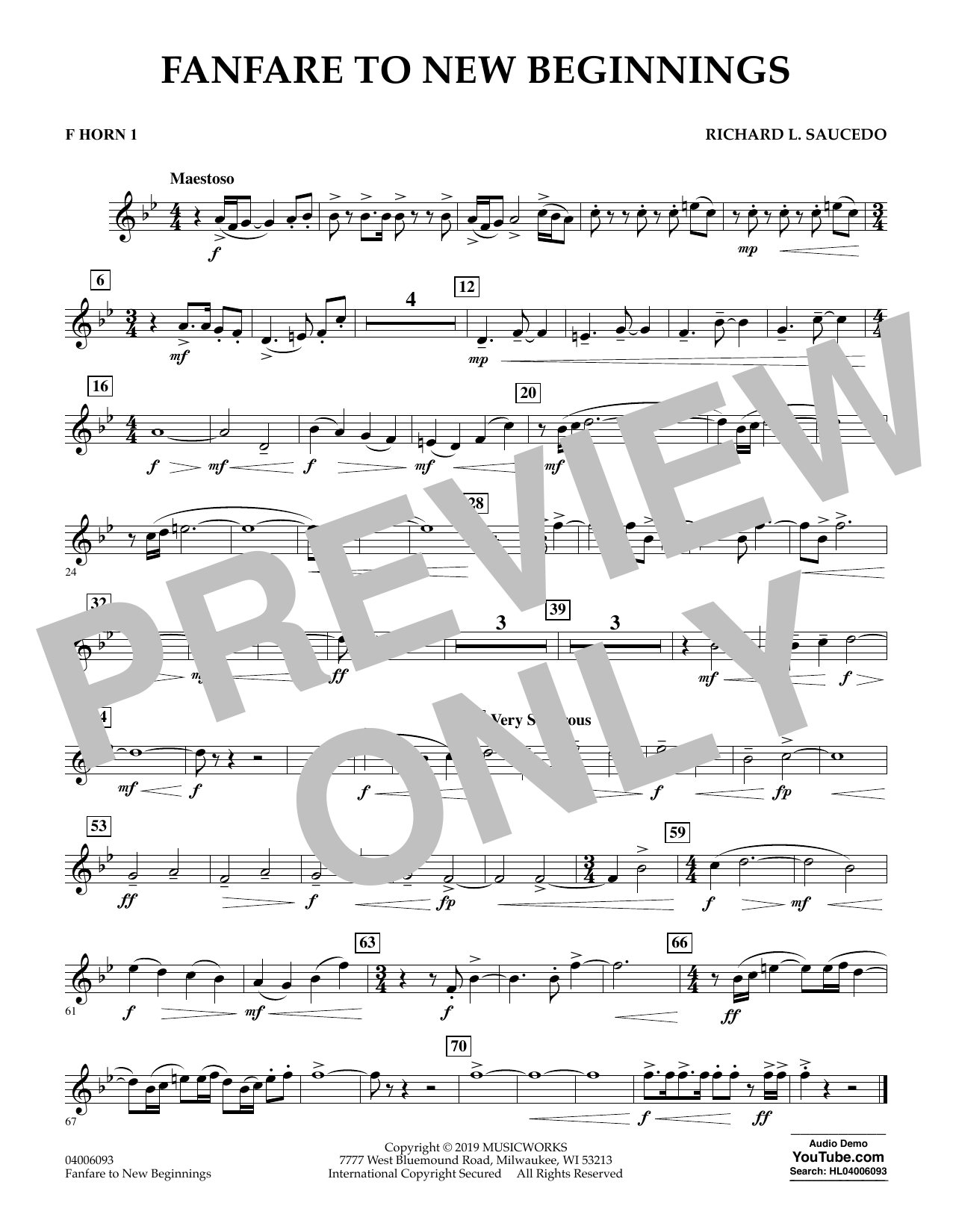 Richard L. Saucedo Fanfare for New Beginnings - F Horn 1 sheet music notes and chords arranged for Concert Band