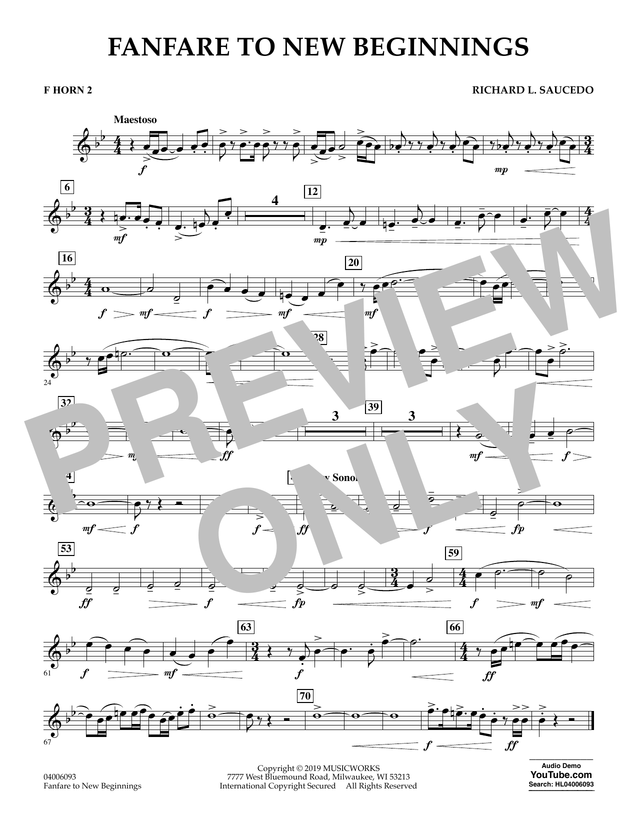 Richard L. Saucedo Fanfare for New Beginnings - F Horn 2 sheet music notes and chords arranged for Concert Band