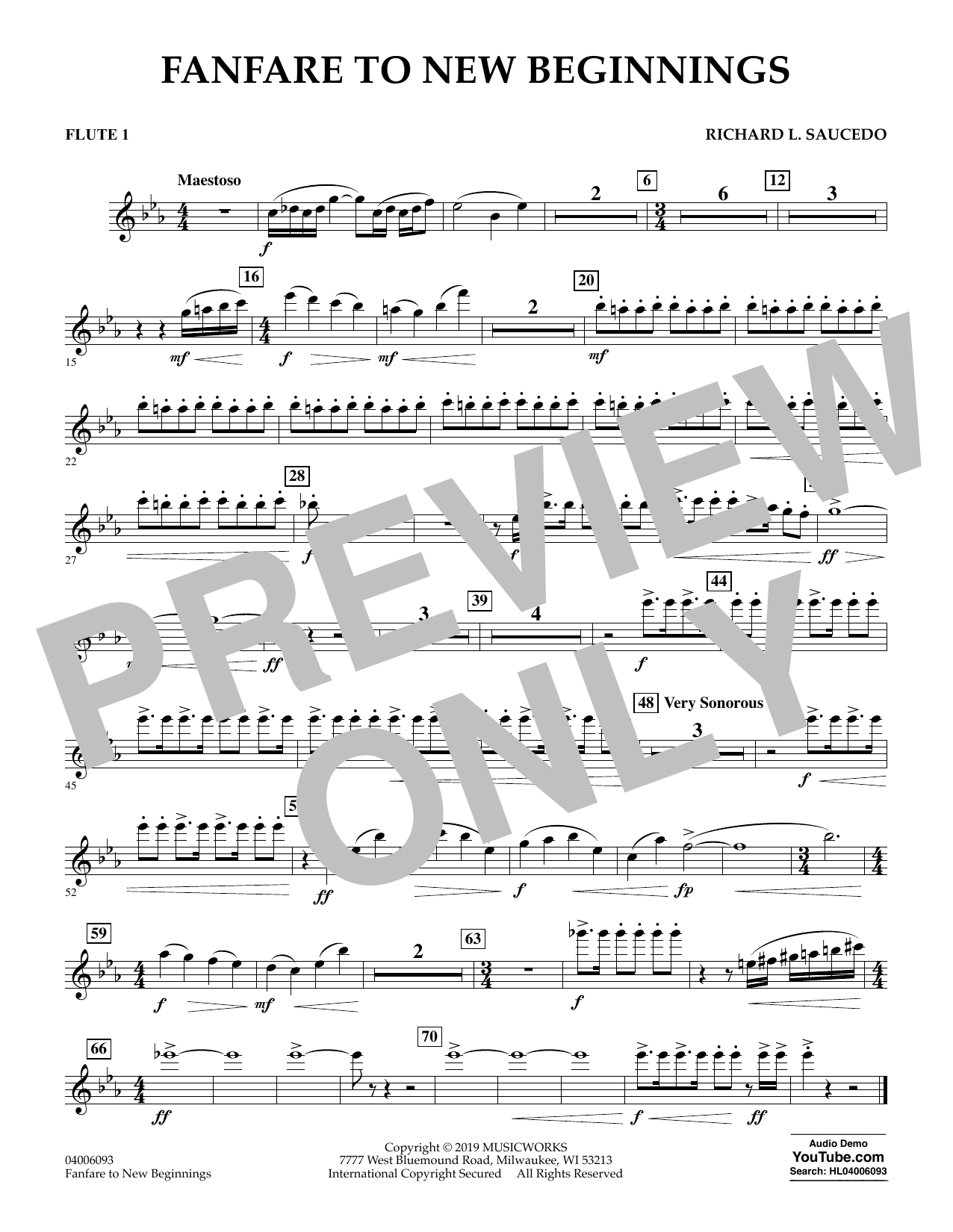Richard L. Saucedo Fanfare for New Beginnings - Flute 1 sheet music notes and chords arranged for Concert Band