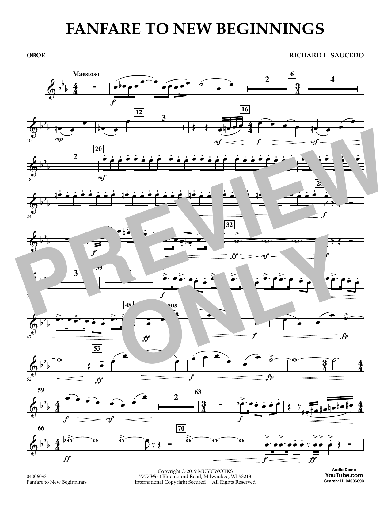 Richard L. Saucedo Fanfare for New Beginnings - Oboe sheet music notes and chords arranged for Concert Band
