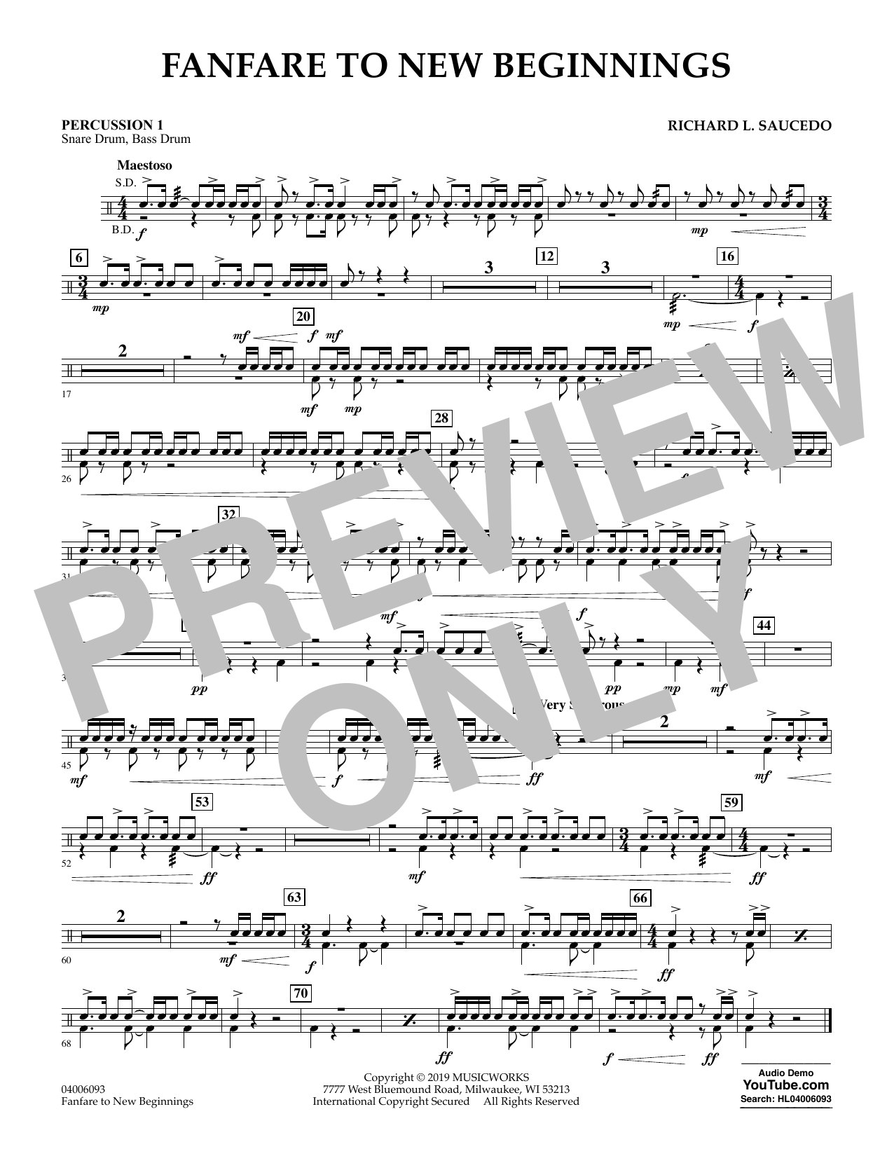 Richard L. Saucedo Fanfare for New Beginnings - Percussion 1 sheet music notes and chords arranged for Concert Band