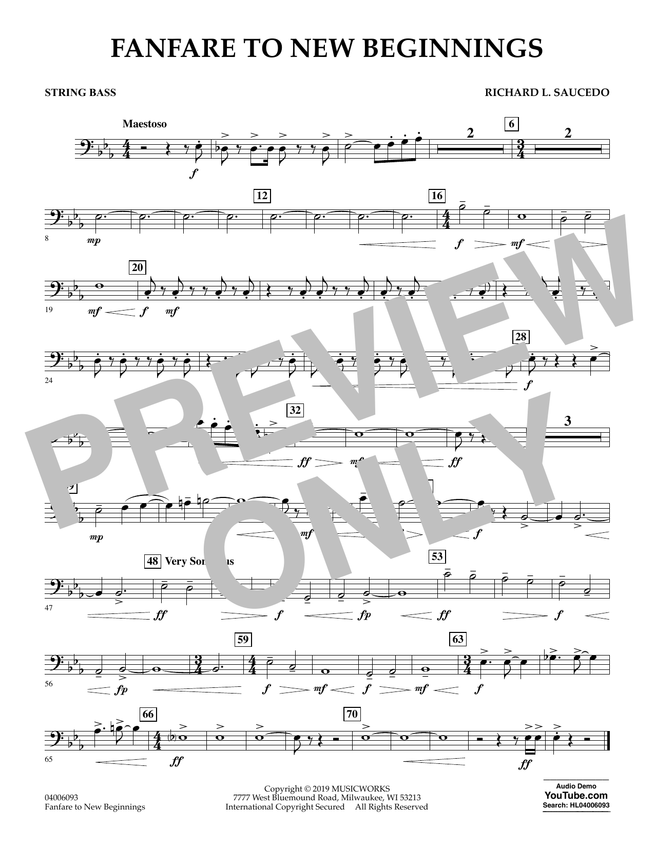 Richard L. Saucedo Fanfare for New Beginnings - String Bass sheet music notes and chords arranged for Concert Band