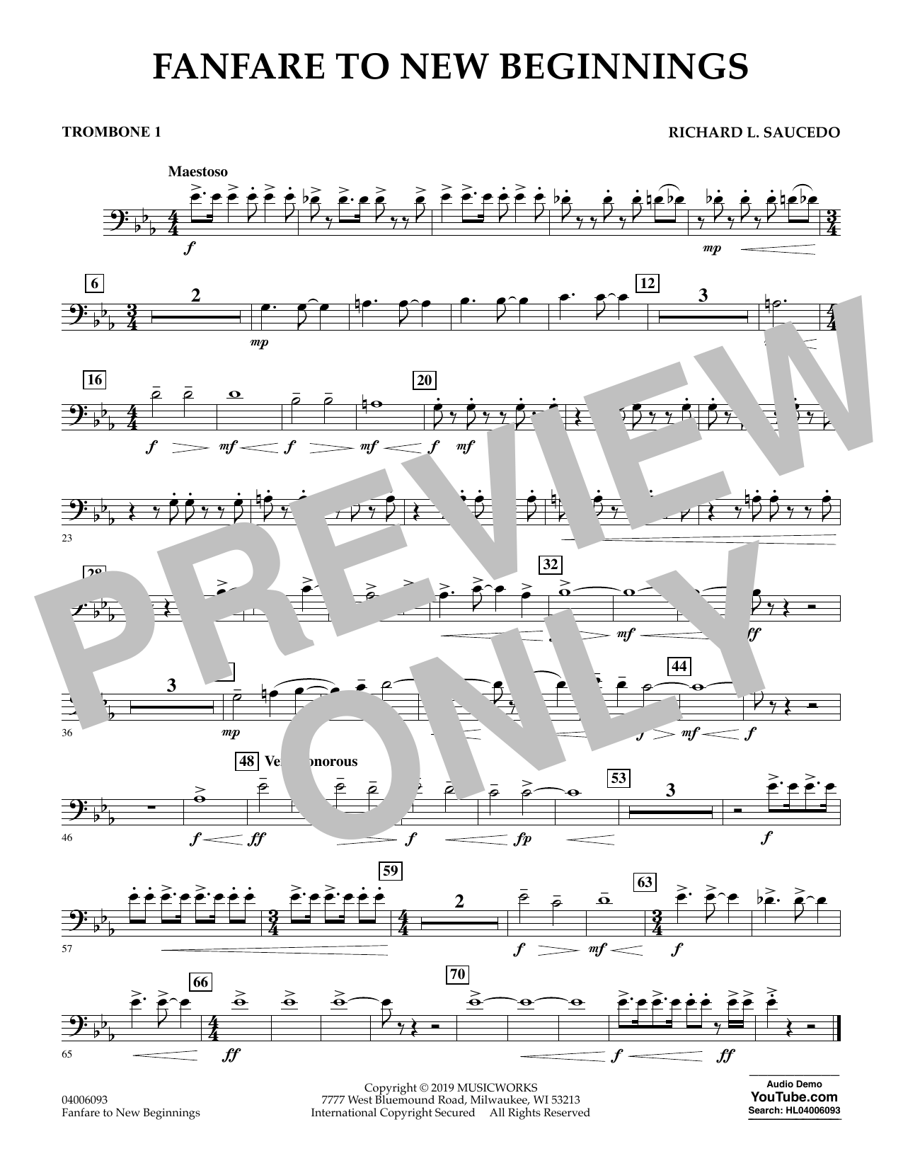 Richard L. Saucedo Fanfare for New Beginnings - Trombone 1 sheet music notes and chords arranged for Concert Band