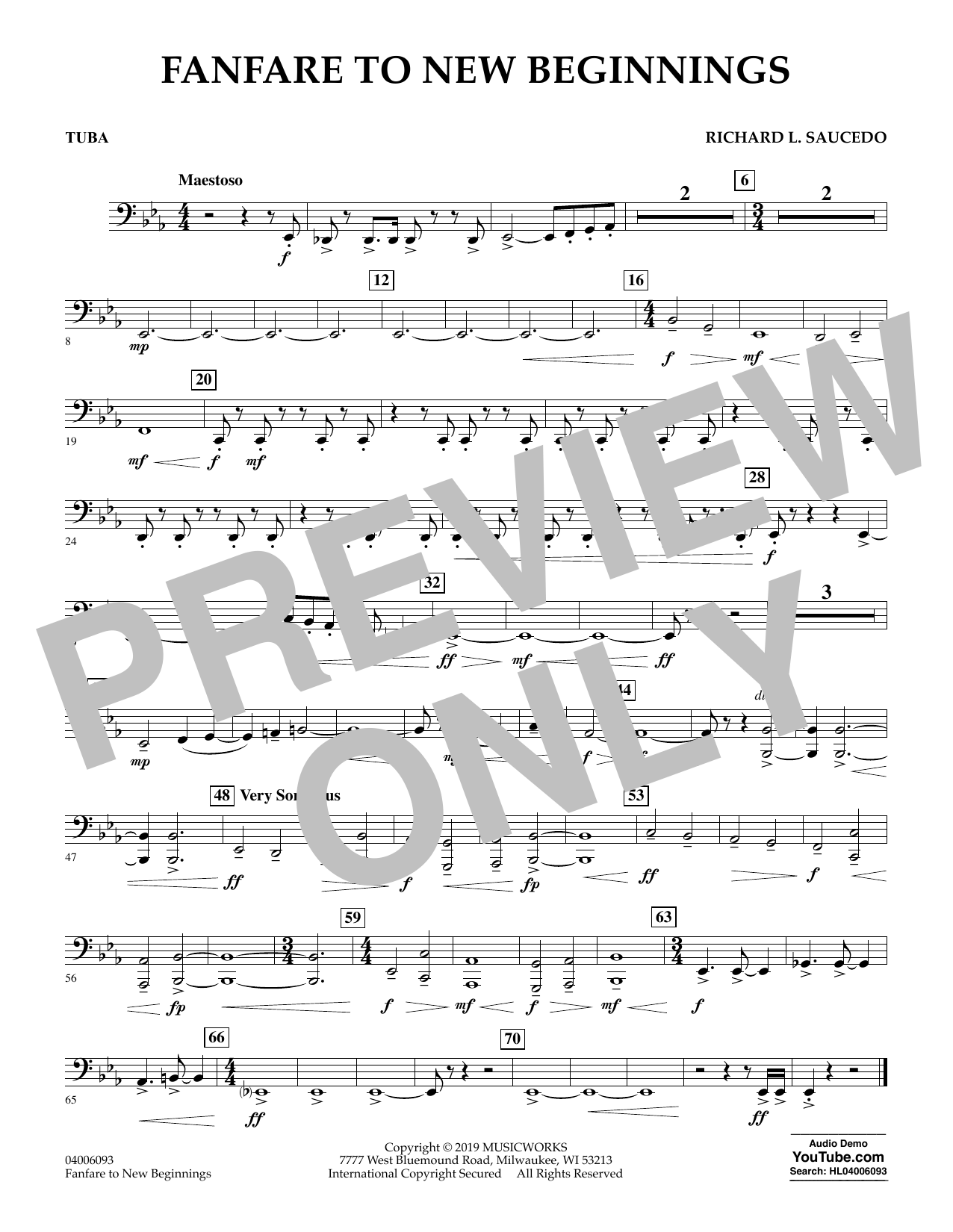 Richard L. Saucedo Fanfare for New Beginnings - Tuba sheet music notes and chords arranged for Concert Band