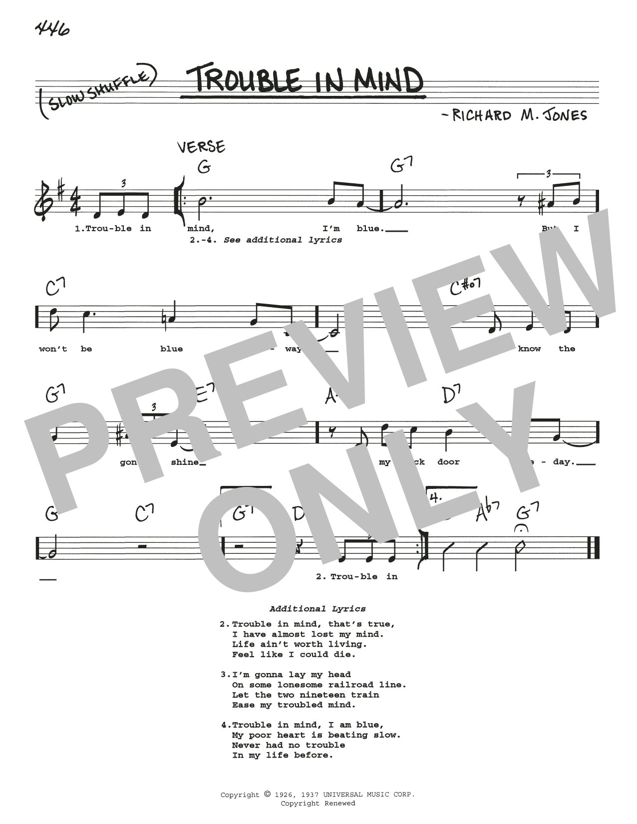 Richard M. Jones Trouble In Mind sheet music notes and chords arranged for Real Book – Melody, Lyrics & Chords
