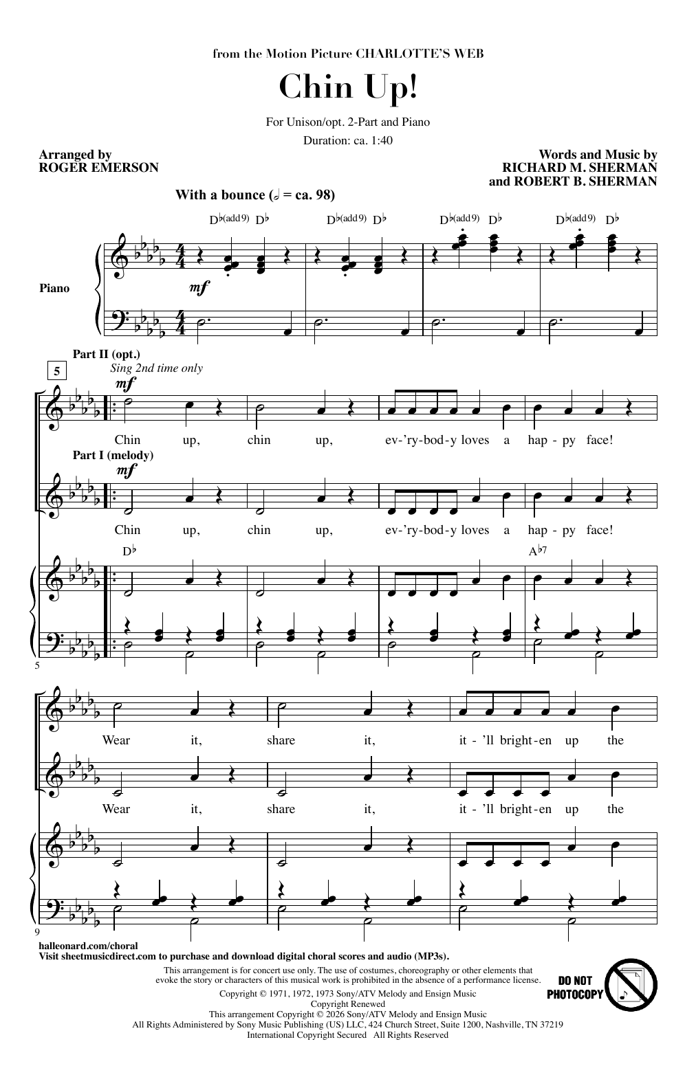 Richard M. Sherman & Robert B. Sherman Chin Up (from Charlotte's Web) (arr. Roger Emerson) sheet music notes and chords arranged for Choir
