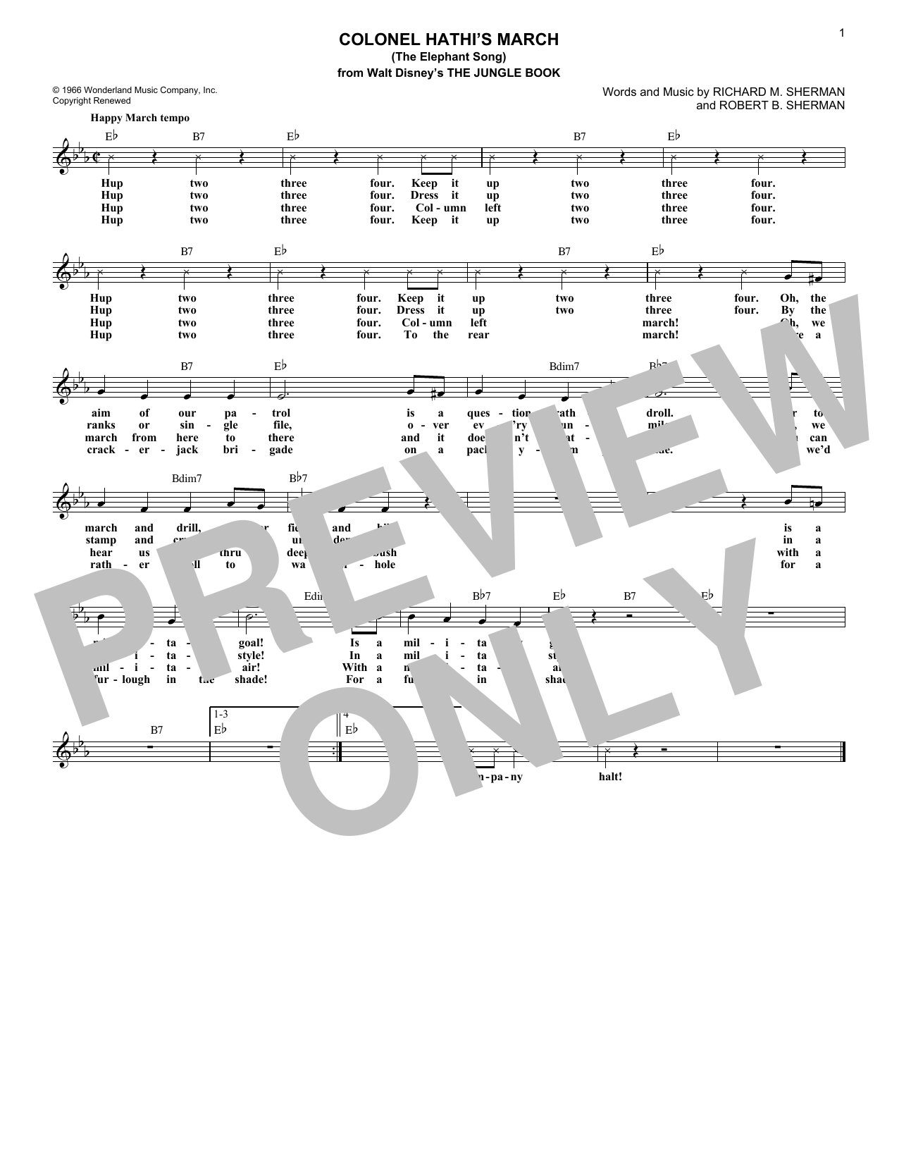 Richard M. Sherman Colonel Hathi's March (The Elephant Song) (from The Jungle Book) sheet music notes and chords arranged for Lead Sheet / Fake Book
