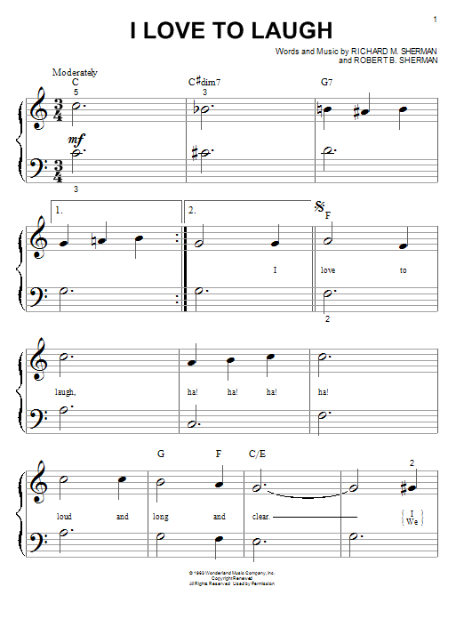 Sherman Brothers I Love To Laugh sheet music notes and chords arranged for Big Note Piano