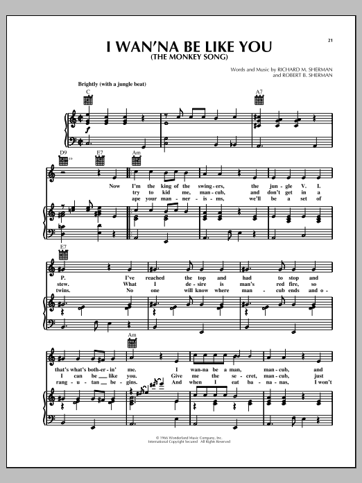 Richard M. Sherman I Wan'na Be Like You (The Monkey Song) (from The Jungle Book) sheet music notes and chords arranged for Piano, Vocal & Guitar Chords (Right-Hand Melody)