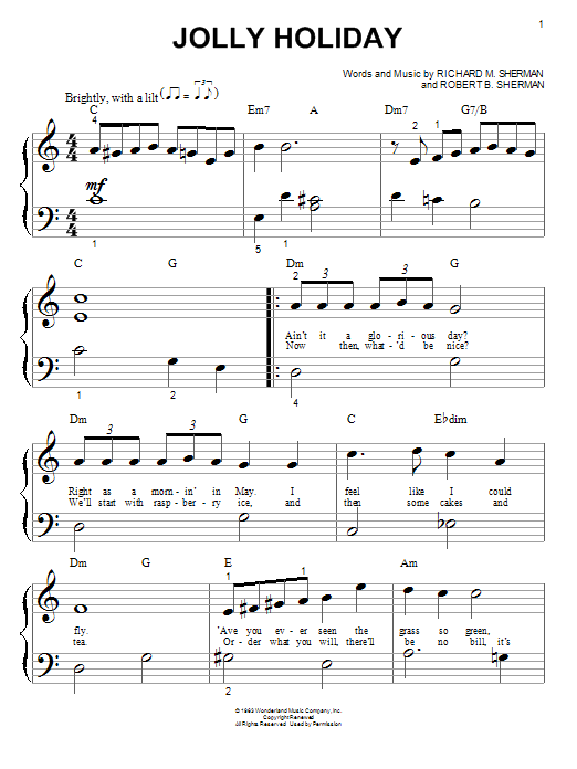 Sherman Brothers Jolly Holiday sheet music notes and chords arranged for Big Note Piano