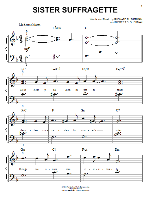 Sherman Brothers Sister Suffragette sheet music notes and chords arranged for Big Note Piano