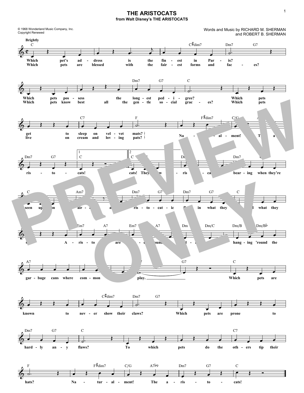 Richard M. Sherman The Aristocats sheet music notes and chords arranged for Easy Lead Sheet / Fake Book