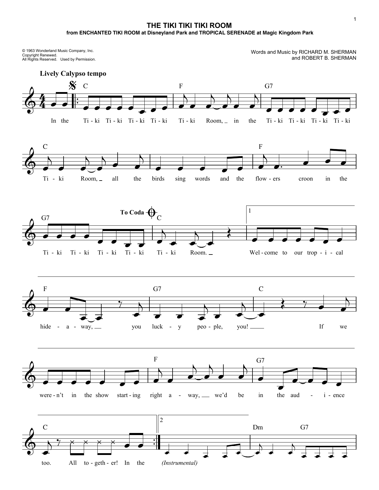 Richard M. Sherman The Tiki Tiki Tiki Room sheet music notes and chords arranged for Lead Sheet / Fake Book