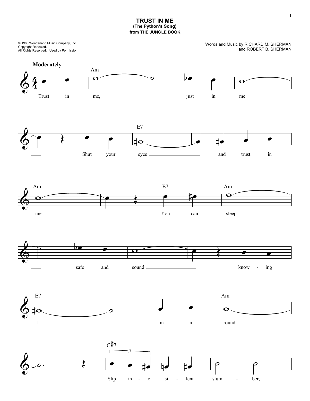Richard M. Sherman Trust In Me (The Python's Song) (from The Jungle Book) sheet music notes and chords arranged for Lead Sheet / Fake Book
